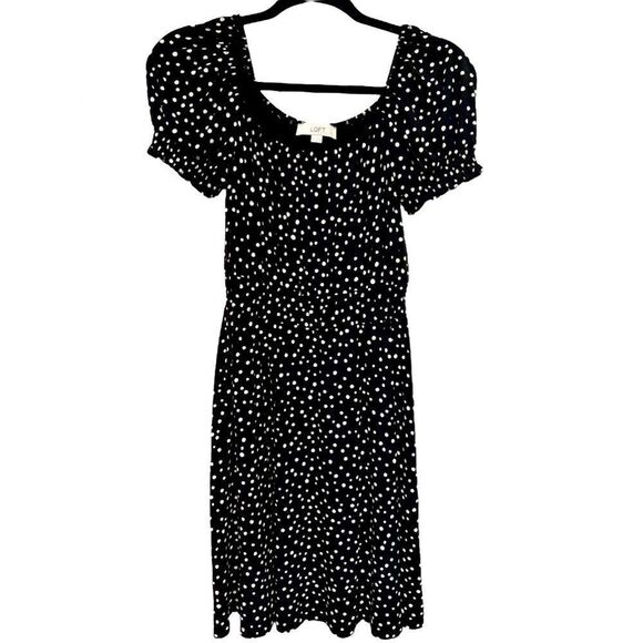 LOFT Black White Polka Dot Short Sleeve Dress Puff Sleeve Blouson Dress Flowy - Picture 1 of 6
